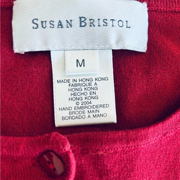 Susan Bristol Red Embroidered Dog Cardigan Wool Blend Button Cottagecore F22605 - Picture 2 of 5